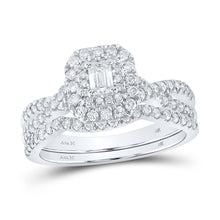 Load image into Gallery viewer, 14kt White Gold Emerald Diamond Halo Bridal Wedding Ring Band Set 1 Cttw - Front View