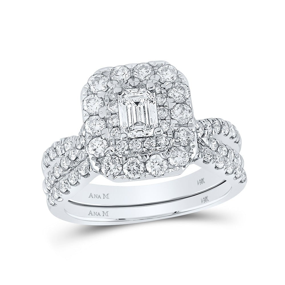 14kt White Gold Emerald Diamond Halo Bridal Wedding Ring Band Set - Eternal Radiance - Splendid Jewellery