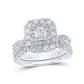 14kt White Gold Emerald Diamond Halo Bridal Wedding Ring Band Set - Eternal Radiance - Splendid Jewellery