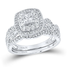 14kt White Gold Enchanting Princess Diamond Wedding Ring Band Set - Top View