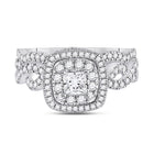 14kt White Gold Enchanting Princess Diamond Wedding Ring Band Set - Front View