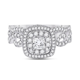 14kt White Gold Enchanting Princess Diamond Wedding Ring Band Set - Front View
