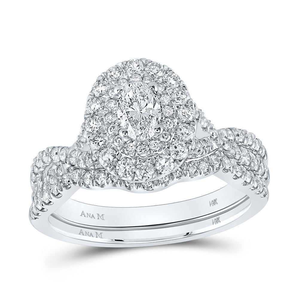 14kt White Gold Oval Diamond Halo Bridal Wedding Ring Band Set with Blue Sapphire - Splendid Jewellery