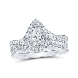 14kt White Gold Pear Diamond Halo Bridal Wedding Ring Band Set - A Mesmerizing Love Story - Splendid Jewellery