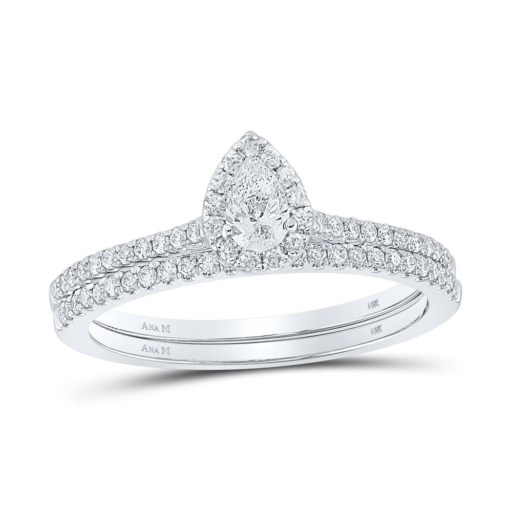 14kt White Gold Pear Diamond Halo Bridal Wedding Ring Band Set - Eternal Radiance - Splendid Jewellery