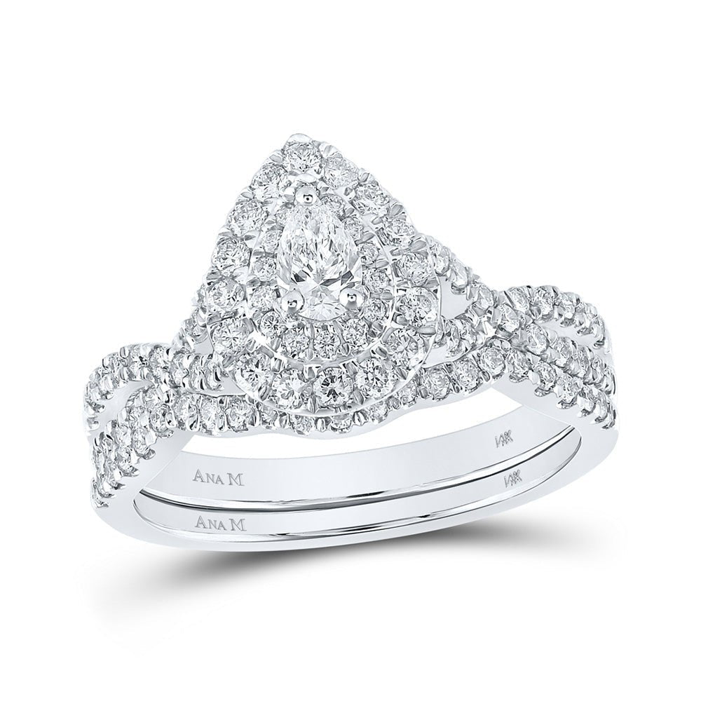 14kt White Gold Pear Diamond Halo Bridal Wedding Ring Band Set with Blue Sapphire Accent - Splendid Jewellery