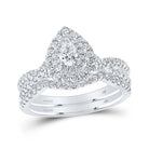 14kt White Gold Pear Diamond Halo Bridal Wedding Ring Set with Blue Sapphire Accent - Splendid Jewellery