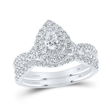 Load image into Gallery viewer, 14kt White Gold Pear Diamond Halo Bridal Wedding Ring Set with Blue Sapphire Accent - Splendid Jewellery