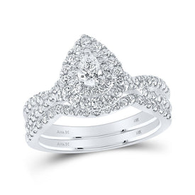 14kt White Gold Pear Diamond Halo Bridal Wedding Ring Set with Blue Sapphire Accent - Splendid Jewellery