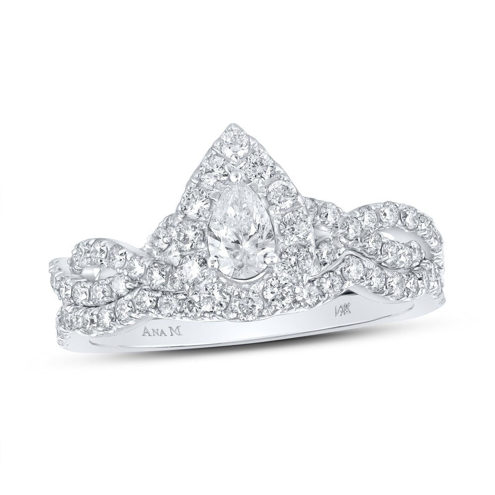 14kt White Gold Pear Diamond Solitaire Halo Bridal Wedding Ring Band Set 1 Cttw | Enchanting Elegance - Splendid Jewellery