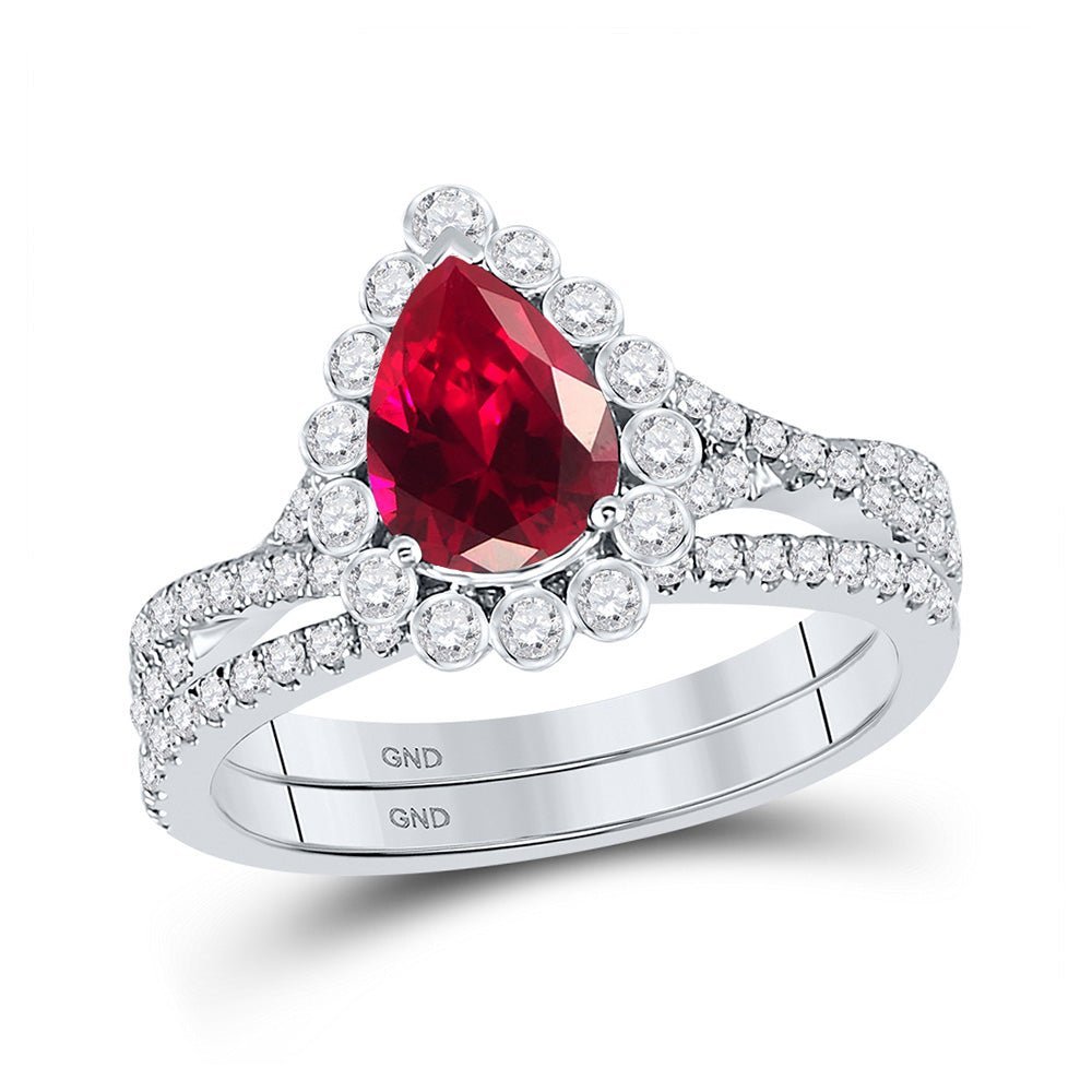 14kt White Gold Pear Ruby Diamond Solitaire Bridal Wedding Ring Band Set - The Eternal Passion - Splendid Jewellery