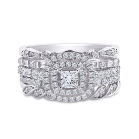 14kt White Gold Princess Diamond Bridal Wedding Ring Band Set - Eternal Love - Front View
