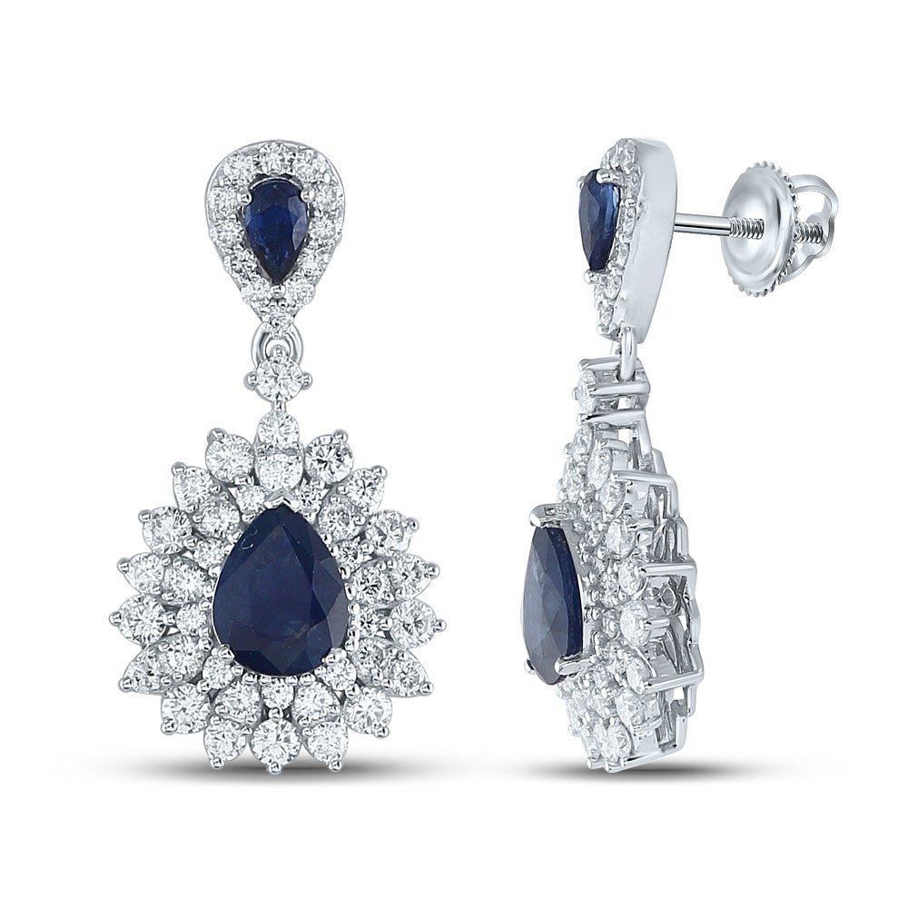 14kt White Gold Royal Blue Sapphire Diamond Dangle Earrings - Splendid Jewellery
