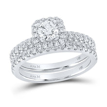 Load image into Gallery viewer, 14kt White Gold Sparkling Diamond Halo Bridal Wedding Ring Band Set - Front View