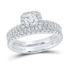 14kt White Gold Sparkling Diamond Halo Bridal Wedding Ring Band Set - Front View