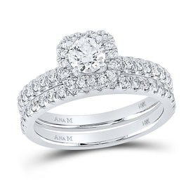 14kt White Gold Sparkling Diamond Halo Bridal Wedding Ring Band Set - Front View