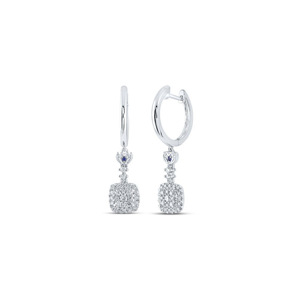 14kt White Gold Square Hoop Diamond Dangle Earrings with Blue Sapphires - Splendid Jewellery
