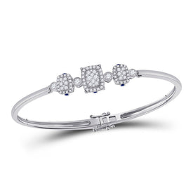 14kt White Gold Triple Cluster Bangle Bracelet with Round Diamonds and Blue Sapphire - Splendid Jewellery