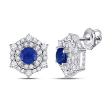 Load image into Gallery viewer, 14kt White Gold Women's Round Blue Sapphire Diamond Halo Earrings: Mesmerizing Elegance - Splendid Jewellery