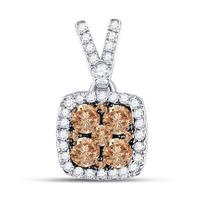 14kt White Gold Womens Round Brown Diamond Square Cluster Pendant - The Enchanting Elegance - Splendid Jewellery