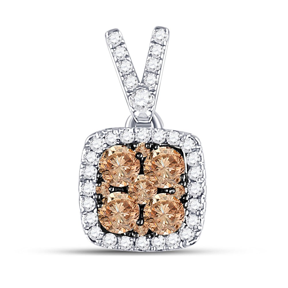 14kt White Gold Womens Round Brown Diamond Square Cluster Pendant - The Enchanting Elegance - Splendid Jewellery