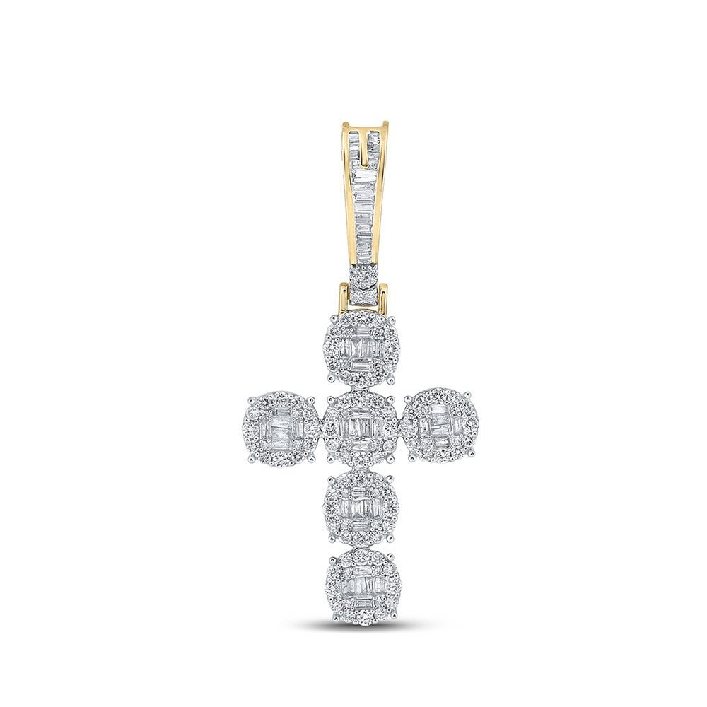14kt Yellow Gold Baguette and Round Diamond Cross Pendant - 1 - 3/4 Cttw - Splendid Jewellery