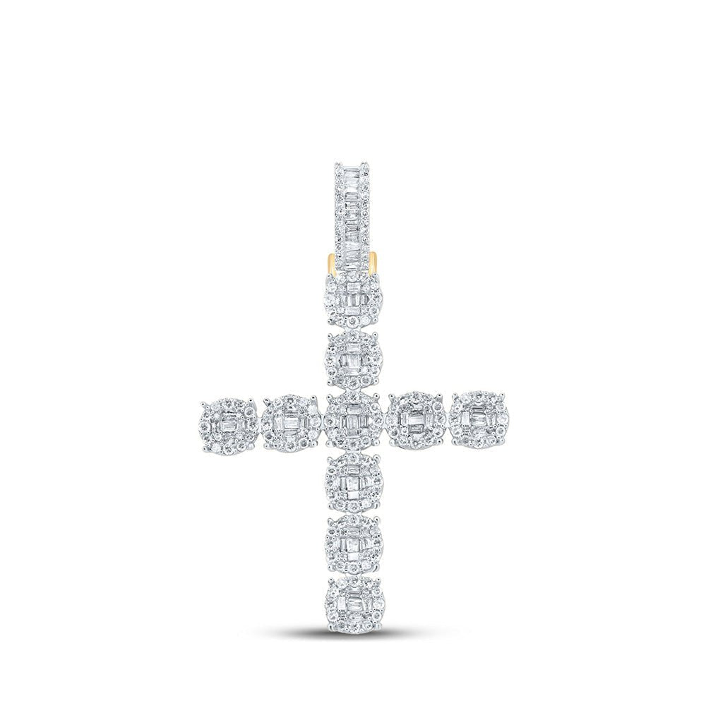 14kt Yellow Gold Baguette and Round Diamond Cross Pendant - 1 - 7/8 Cttw - Splendid Jewellery