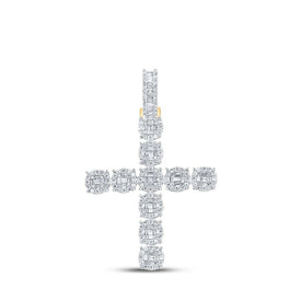 14kt Yellow Gold Baguette and Round Diamond Cross Pendant - 1 - 7/8 Cttw - Splendid Jewellery