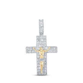 14kt Yellow Gold Baguette and Round Diamond Cross Pendant - 3 - 7/8 Cttw - Splendid Jewellery