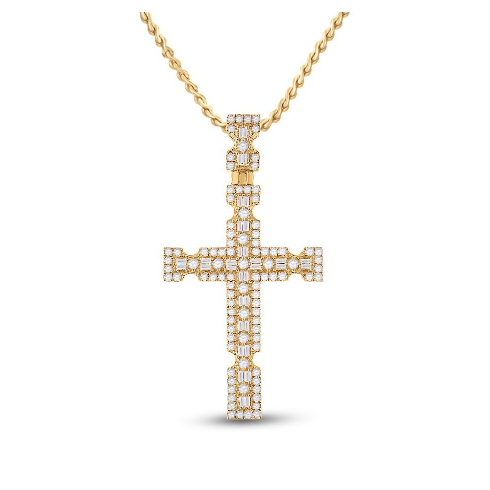 14kt Yellow Gold Baguette and Round Diamond Cross Pendant for Men - 1 - 3/8 Cttw - Splendid Jewellery