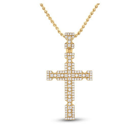 14kt Yellow Gold Baguette and Round Diamond Cross Pendant for Men - 1 - 3/8 Cttw - Splendid Jewellery