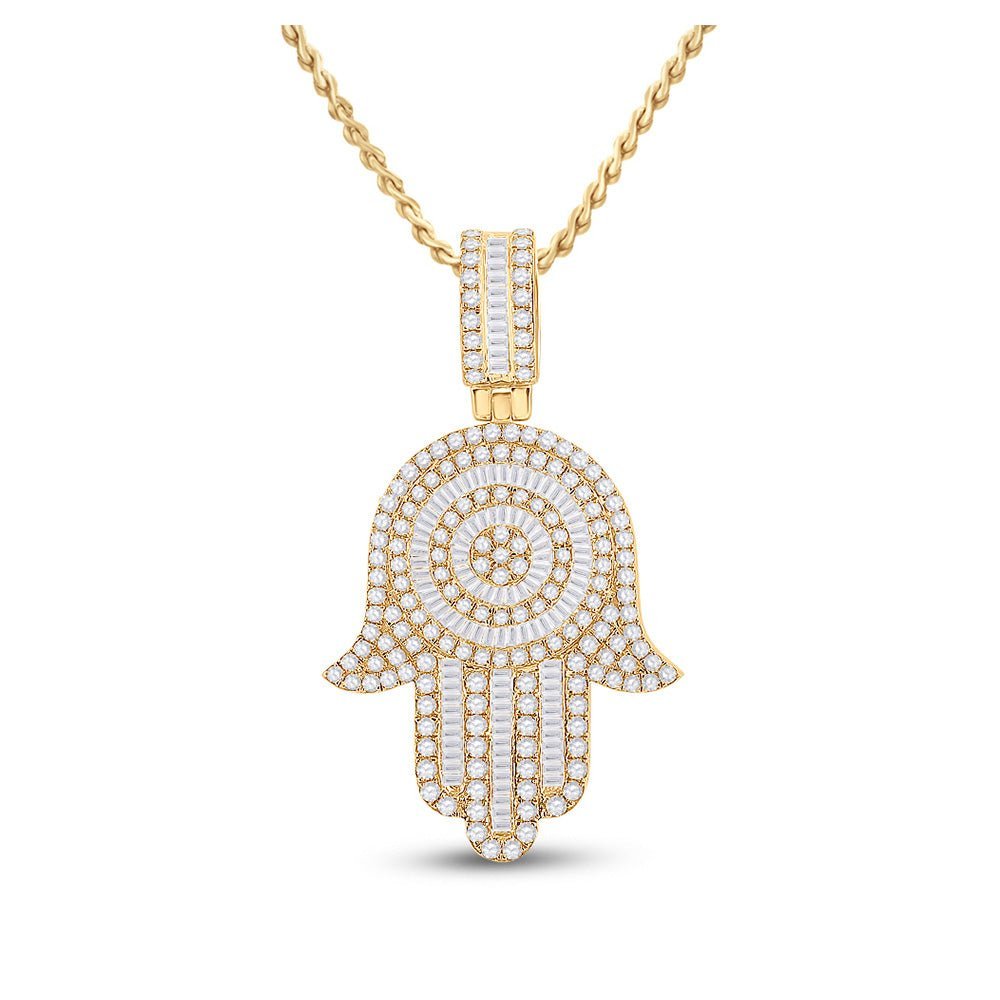 14kt Yellow Gold Baguette and Round Diamond Hamsa Hand Pendant - 3 Cttw - Splendid Jewellery