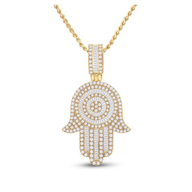 14kt Yellow Gold Baguette and Round Diamond Hamsa Hand Pendant - 3 Cttw - Splendid Jewellery