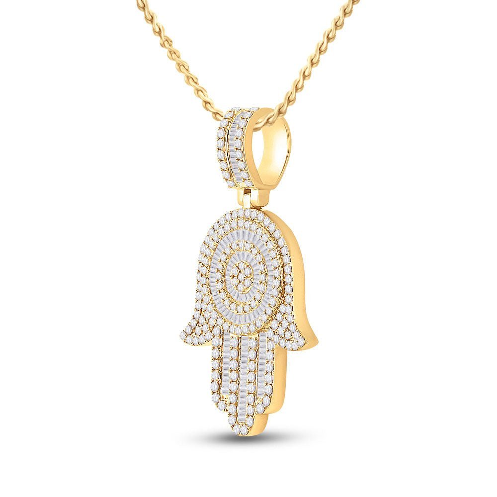 14kt Yellow Gold Baguette and Round Diamond Hamsa Hand Pendant - 3 Cttw - Splendid Jewellery