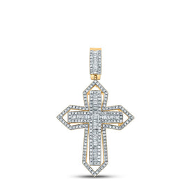 14kt Yellow Gold Baguette Diamond Cross Charm Pendant for Men - 7/8 Cttw - Top View