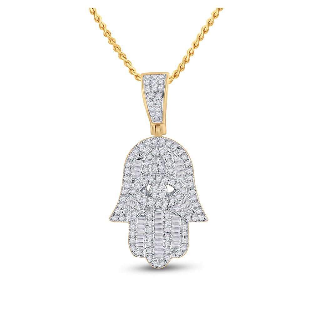 14kt Yellow Gold Baguette Diamond Hamsa Hand Pendant - A Dazzling Charm for Men - Splendid Jewellery