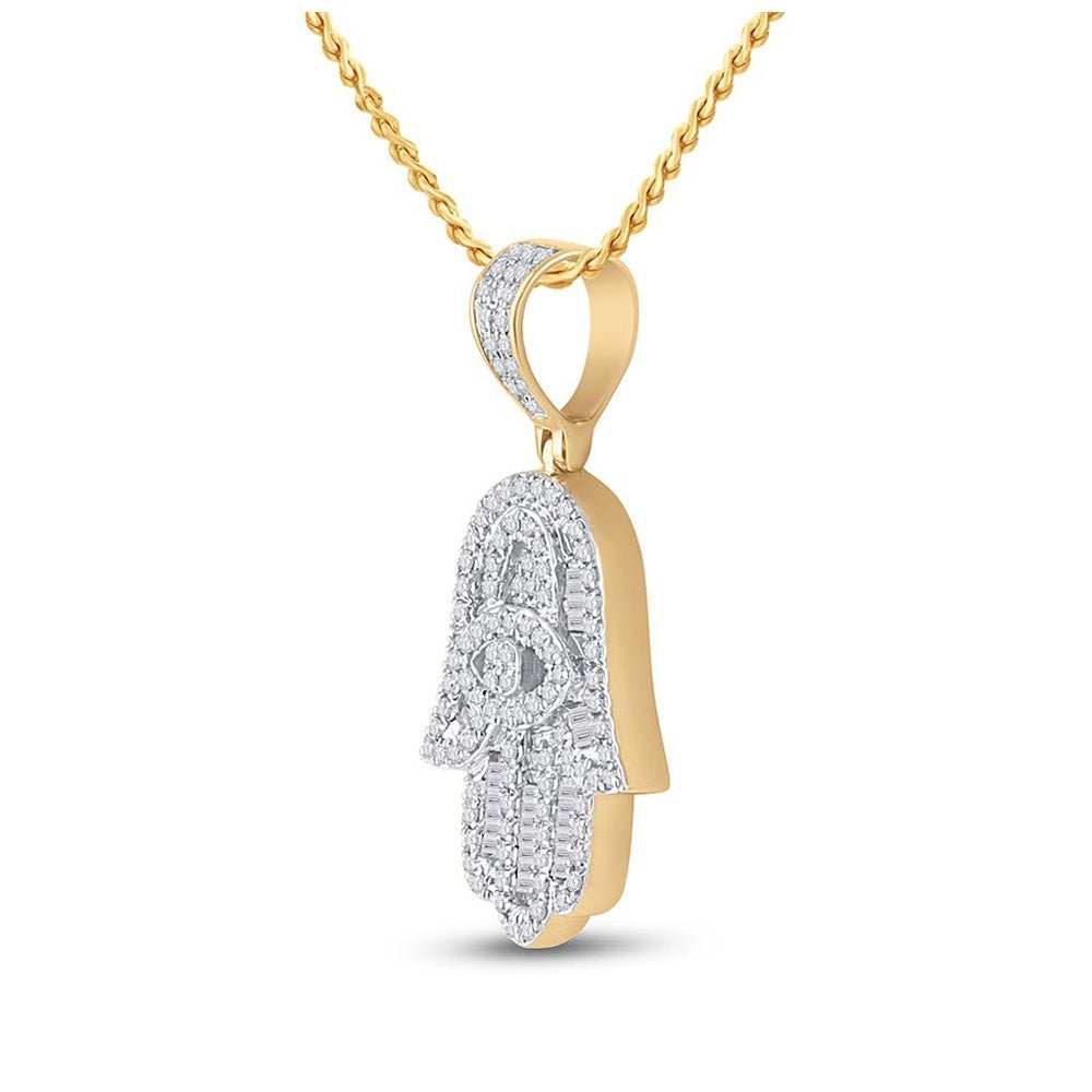 14kt Yellow Gold Baguette Diamond Hamsa Hand Pendant - A Dazzling Charm for Men - Splendid Jewellery