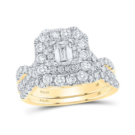 14kt Yellow Gold Emerald Diamond Halo Bridal Wedding Ring Band Set - Regal Elegance - Splendid Jewellery