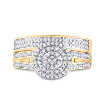 Load image into Gallery viewer, 14kt Yellow Gold His Hers Round Diamond Cluster Wedding Set - Eternal Love - Front View