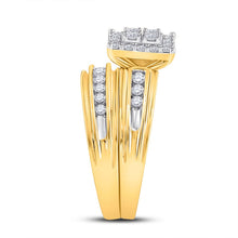 Load image into Gallery viewer, 14kt Yellow Gold His Hers Round Diamond Square Matching Wedding Set 1 Cttw - Side View