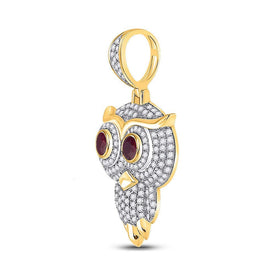 14kt Yellow Gold Men's Diamond Owl Bird Charm Pendant with Ruby - 2 - 5/8 Cttw - Splendid Jewellery