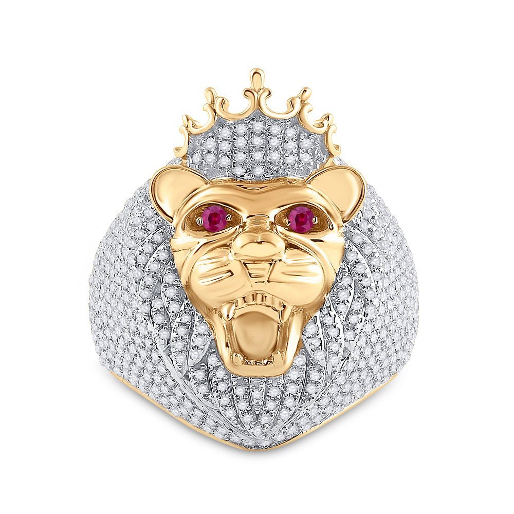 14kt Yellow Gold Mens Lion Face Animal Ring with Ruby and Diamond Accents - 1 - 3/4 Cttw - Splendid Jewellery