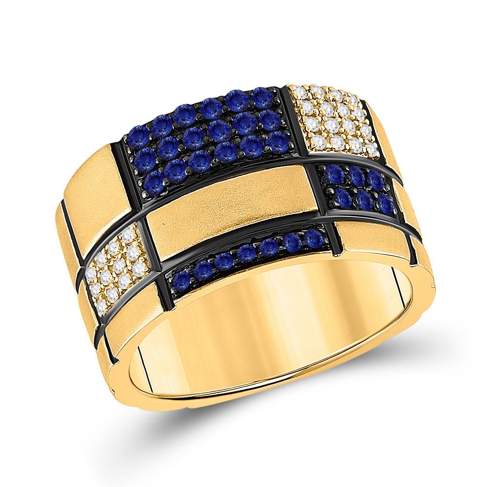 14kt Yellow Gold Mens Round Blue Sapphire Checkered Band Ring 5/8 Cttw - Splendid Jewellery