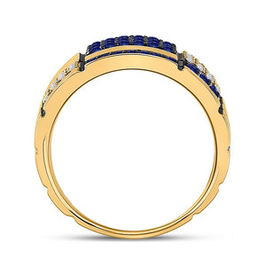 14kt Yellow Gold Mens Round Blue Sapphire Checkered Band Ring 5/8 Cttw - Splendid Jewellery