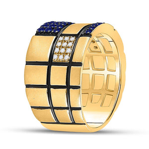 14kt Yellow Gold Mens Round Blue Sapphire Checkered Band Ring 5/8 Cttw - Splendid Jewellery