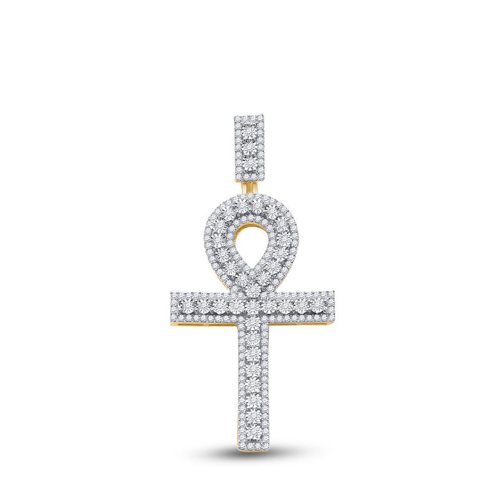 14kt Yellow Gold Men's Round Diamond Ankh Cross Charm Pendant - 1 Cttw | Splendid Jewellery - Splendid Jewellery