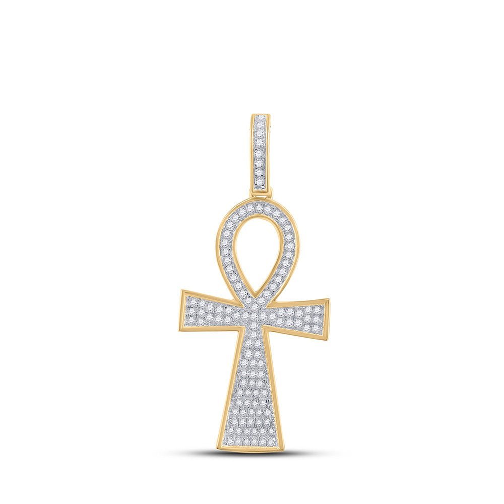 14kt Yellow Gold Men's Round Diamond Ankh Cross Charm Pendant - A Dazzling Symbol of Style and Spirituality - Splendid Jewellery