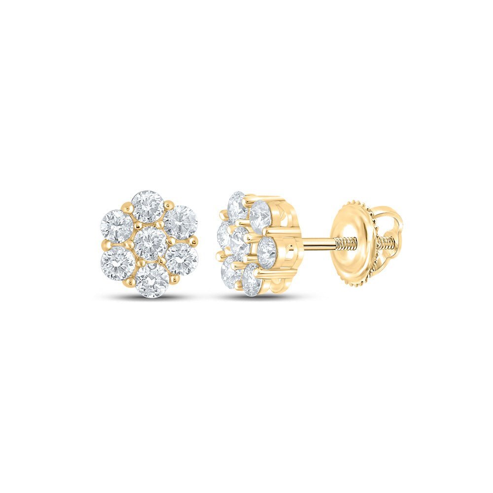 14kt Yellow Gold Men's Round Diamond Flower Cluster Earrings - Captivating Blossom Brilliance - Splendid Jewellery