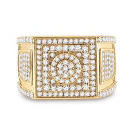 14kt Yellow Gold Men's Round Diamond Square Cluster Ring - 3 Cttw - Front View