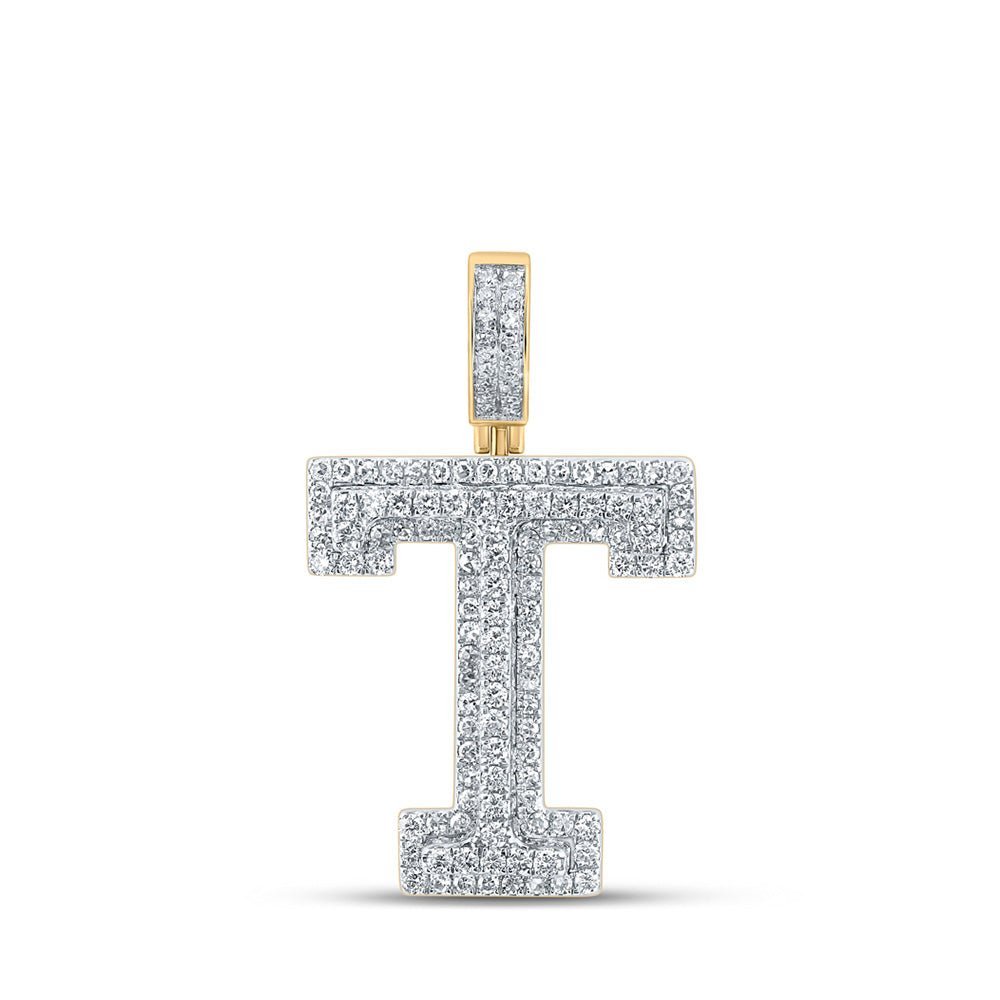 14kt Yellow Gold Men's Round Diamond T Initial Letter Charm Pendant - 1 - 1/2 Cttw - Splendid Jewellery